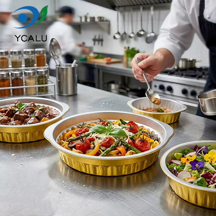 Tek kullanımlık yuvarlak catering paket servisi olan restoran Alüminyum Folyo Kapları