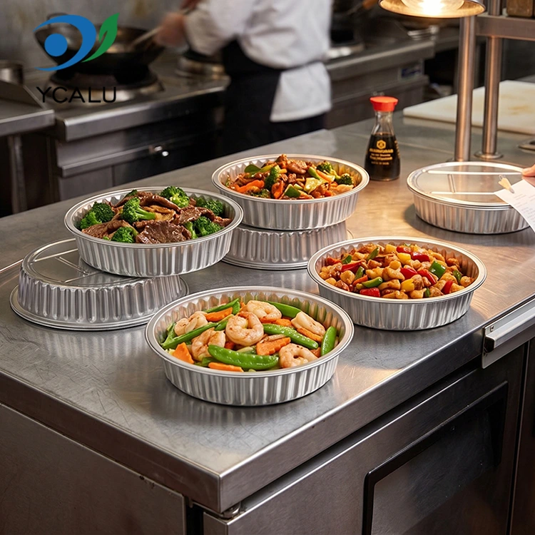 Tek kullanımlık yuvarlak gümüş paketlenmiş catering Alüminyum Folyo Kapları